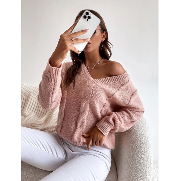 Pink Knit Braid Textured V-Neck Pullover Sweater - Picture 3 of 7